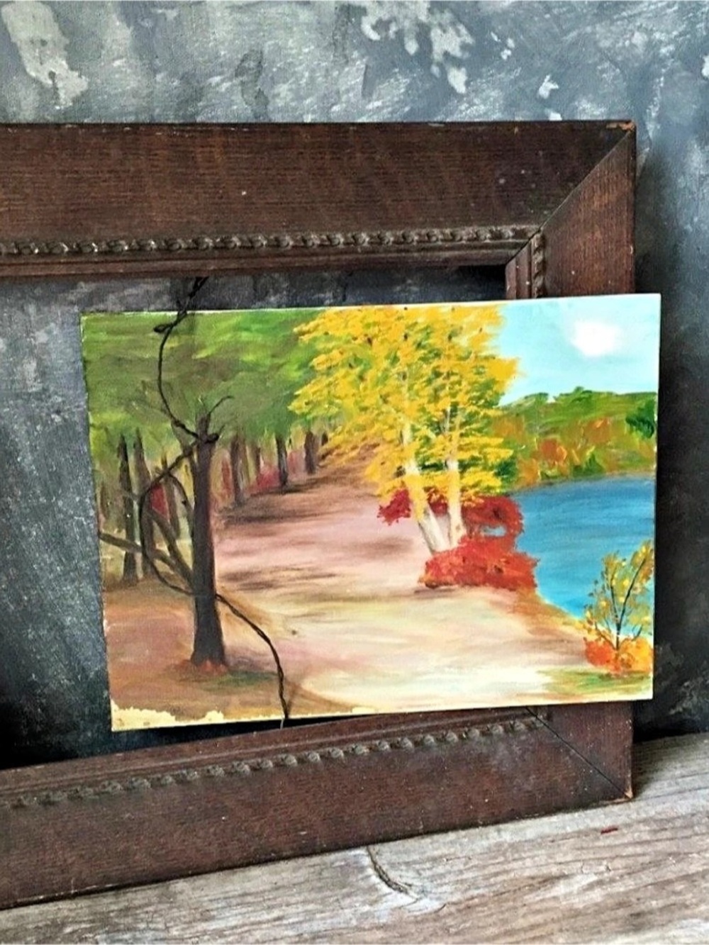 Vintage Autumn Lakeside Landscape Painting on Canvas Board